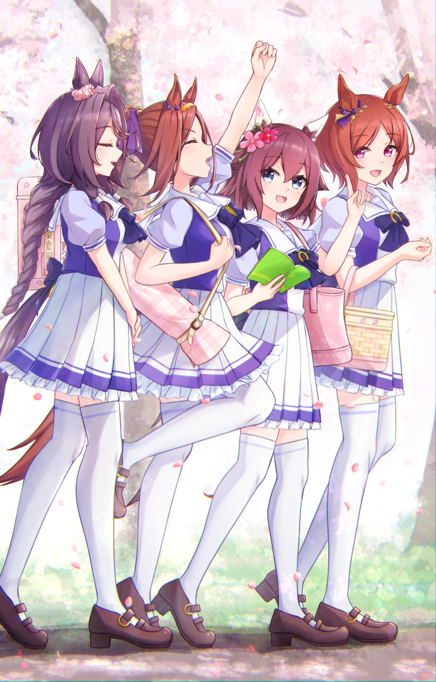 4girls absurdres animal_ears arm_up back_bow basket blue_eyes bow bowtie brown_hair brown_shoes cherry_blossoms closed_eyes ear_covers ear_scrunchie facing_ahead flower flower_in_eye from_side full_body hair_between_eyes hair_flaps hair_flower hair_intakes hair_ornament hairband highres holding holding_notebook horse_ears horse_girl horse_tail horseshoe_ornament index_finger_raised large_bow leg_up loafers long_braid long_hair multiple_girls notebook pink_bag pink_scrunchie pleated_skirt ponytail puffy_short_sleeves puffy_sleeves purple_bow purple_bowtie purple_eyes purple_shirt sailor_collar sailor_shirt sakura_bakushin_o_(umamusume) sakura_chitose_o_(umamusume) sakura_chiyono_o_(umamusume) sakura_laurel_(umamusume) sarasuty school_uniform scrunchie shirt shoes short_hair short_sleeves skirt symbol_in_eye tail thighhighs tracen_school_uniform umamusume victory_club_(umamusume) white_skirt white_thighhighs