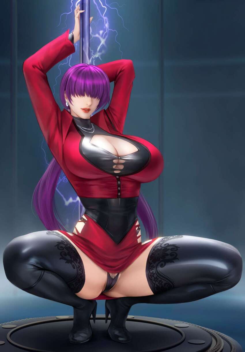 1girl breasts cleavage clothes_lift clothing_cutout curvy dress earrings electricity feet_up female_focus fishnets gluteal_fold goatwillow highres huge_breasts jacket jewelry large_breasts latex leather legs_apart lingerie liu_mingxing long_hair long_sleeves pale_skin panties pole pole_dancing ponytail purple_hair shermie_(kof) skirt skirt_lift socks squatting the_king_of_fighters thick_thighs thighs thunder twintails underwear