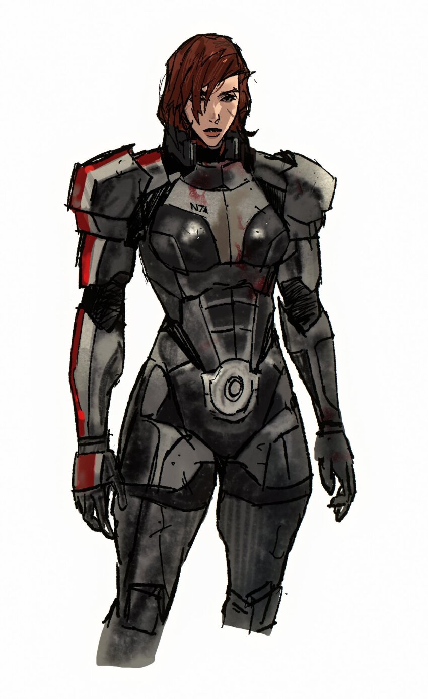 1girl armor black_gloves blood_on_armor breasts brown_eyes brown_hair cbb_(tuucoo) commander_shepard commander_shepard_(female) cropped_legs gloves highres looking_at_viewer mass_effect_(series) mass_effect_3 medium_breasts n7_armor parted_lips power_armor science_fiction short_hair solo white_background