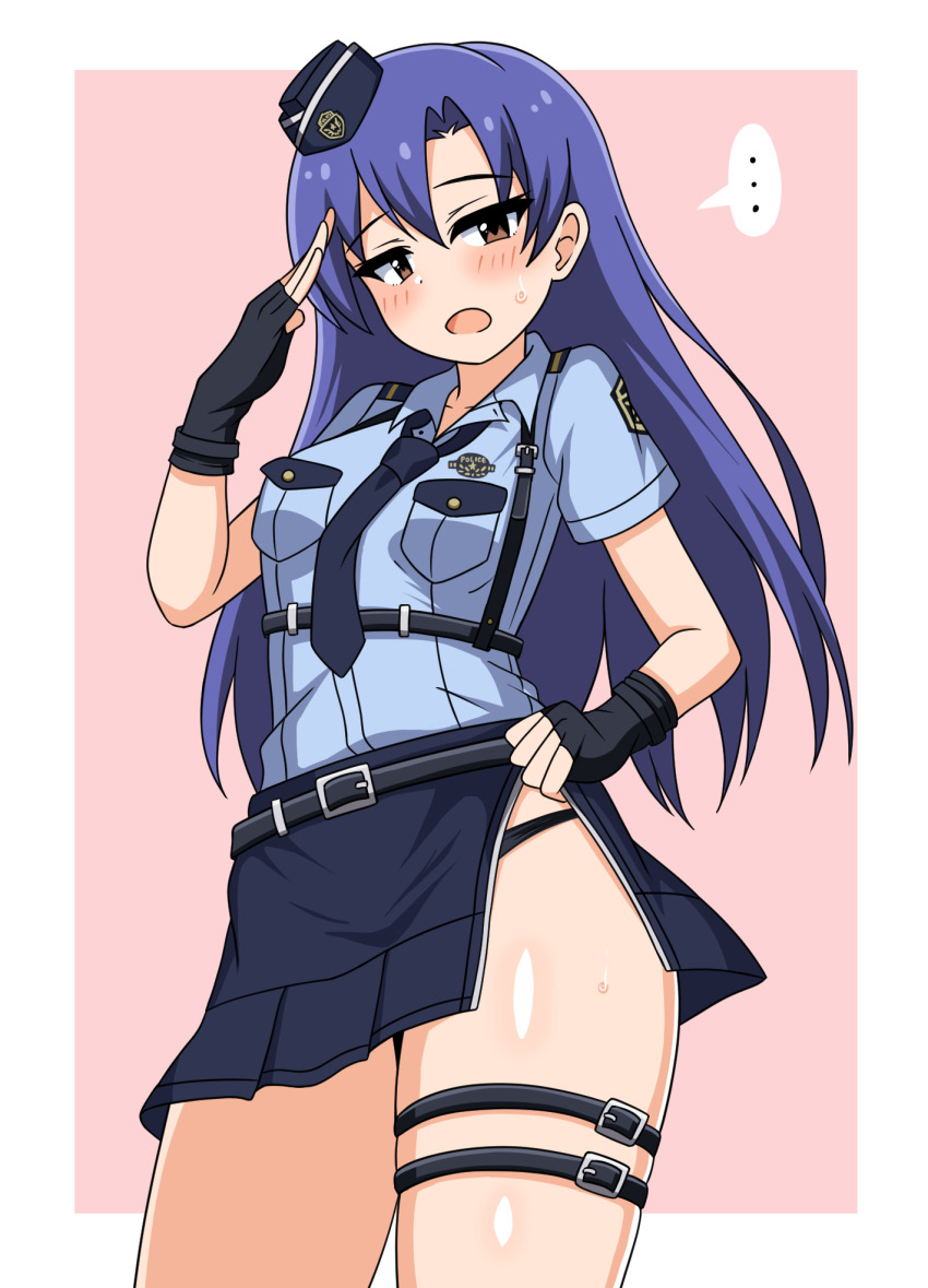 ... 1girl :d belt belt_buckle black_belt black_gloves black_necktie black_panties black_skirt blue_hair blue_shirt blush border breast_pocket breasts brown_eyes buckle chest_harness collarbone collared_shirt concept_police_(idolmaster) cowboy_shot emblem fingerless_gloves forehead garrison_cap gloves hand_on_own_hip harness hat highres idolmaster idolmaster_(classic) idolmaster_million_live! idolmaster_million_live!_theater_days kisaragi_chihaya looking_at_viewer loose_necktie medium_breasts miniskirt necktie official_alternate_costume open_mouth outside_border panties parted_bangs pink_background pocket police police_uniform policewoman salute shirt short_sleeves shoulder_boards side_slit skirt smile solo speech_bubble sweat tankuro_uri thigh_strap tilted_headwear underwear white_border