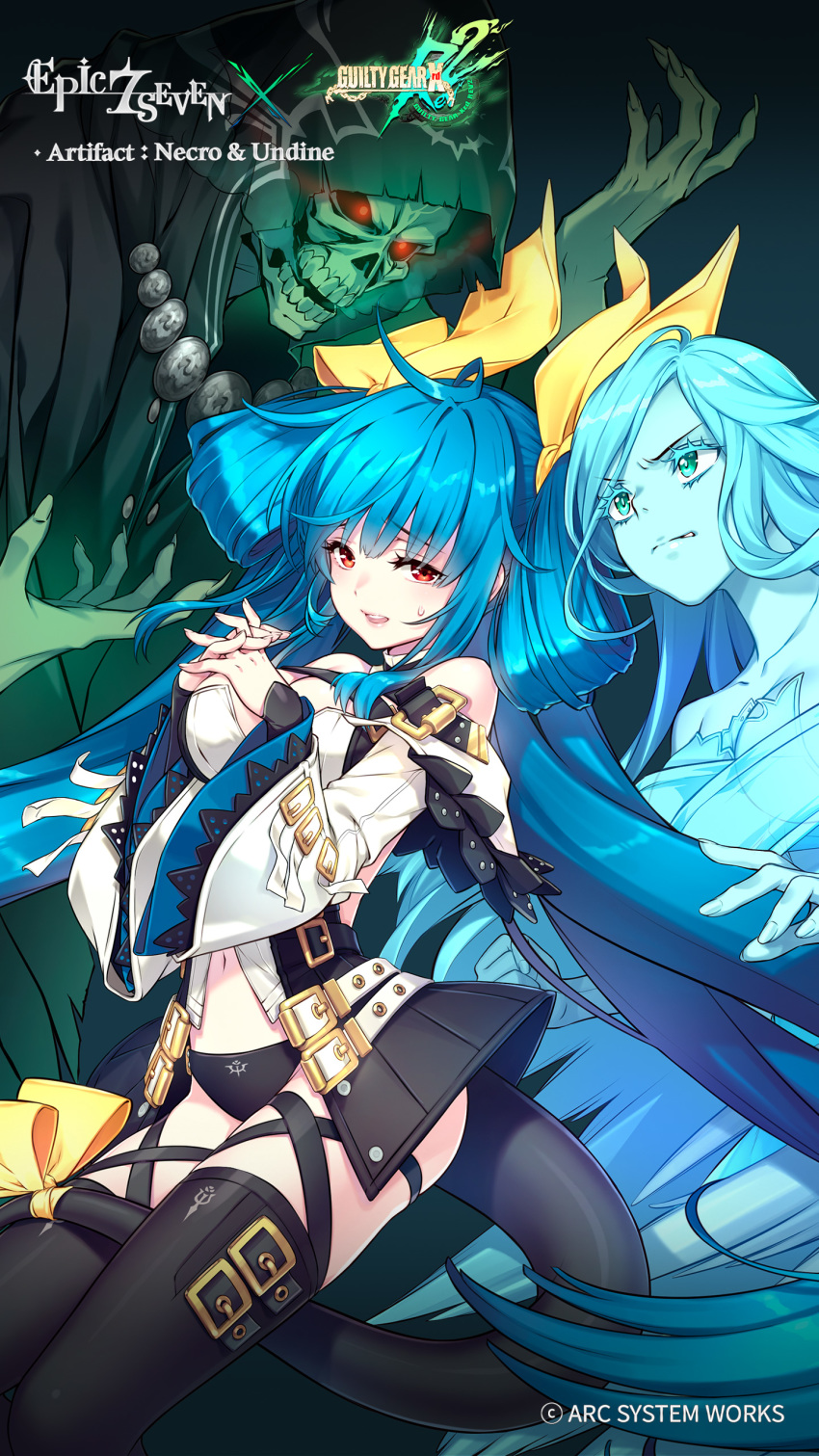 1boy 2girls absurdres arc_system_works asymmetrical_wings bare_shoulders black_panties blue_hair breasts company_name copyright_name copyright_notice dizzy_(guilty_gear) english_text epic_seven green_eyes guilty_gear hair_ribbon highres large_breasts multiple_girls navel necro_(guilty_gear) official_art open_mouth own_hands_together panties red_eyes ribbon shirahane_nao tail tail_ornament tail_ribbon thighhighs twintails underwear undine_(guilty_gear) wide_sleeves wings yellow_ribbon
