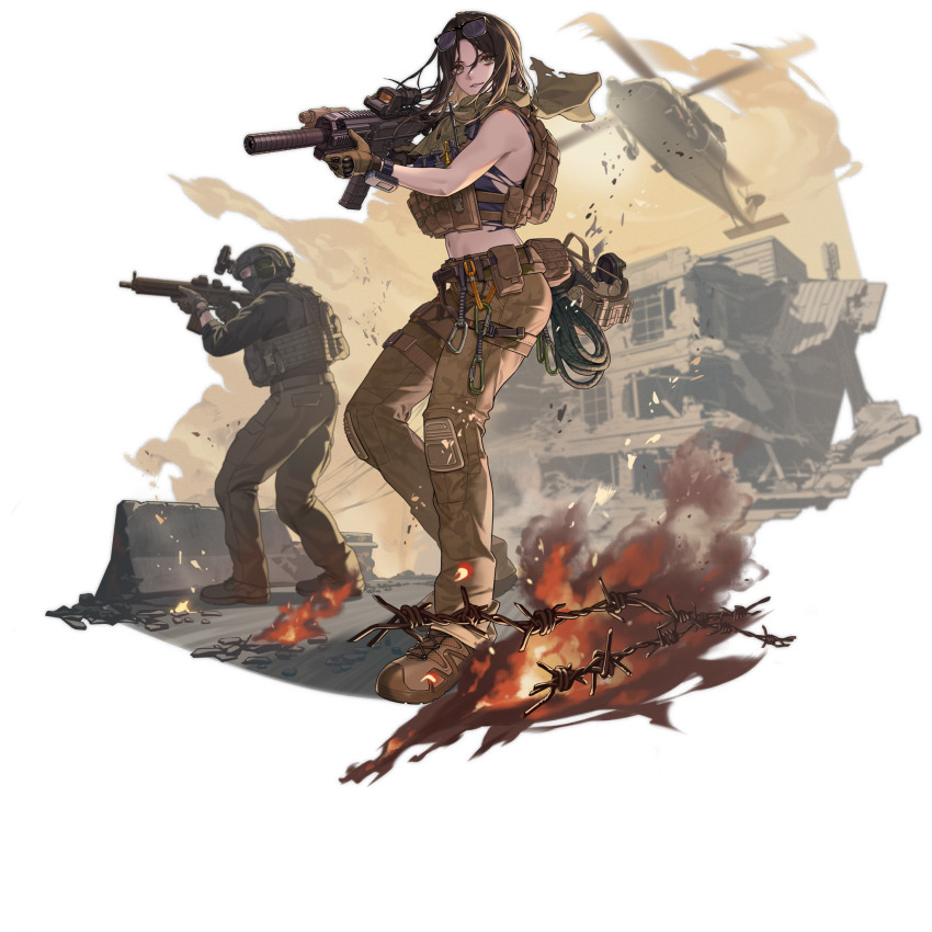 1boy 1girl aircraft arena_breakout assault_rifle baklava barbed_wire black_shirt brown_hair camouflage camouflage_pants fire glasses gun hecate_(arena_breakout) helicopter helmet highres holding holding_gun holding_weapon load_bearing_vest night_vision_device pants rifle scarf shirt sig_mcx sitting smoke smoke_grenade solo_focus suppressor torn_clothes torn_scarf weapon yitiao_er-hua