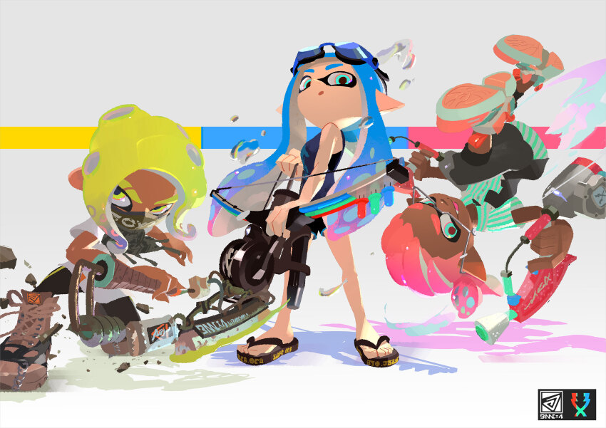 aqua_eyes aqua_hair aqua_trim barazushi_(splatoon) barazushi_wrap_(splatoon) black_leggings black_shorts blobmob_flip-flops_(splatoon) blonde_hair blue_tank_top boots brown_boots bulbz_tri-stringer_(splatoon) capri_pants cmyk collared_shirt colored_tips commentary_request dark-skinned_female dark-skinned_male dark_skin digi-camo_forge_mask_(splatoon) dress_shirt dual_wielding emberz_(splatoon) enperry_(splatoon) eyebrow_cut flip-flops glassless_glasses_(splatoon) goggles goggles_on_head gradient_hair green_eyes grey-framed_eyewear grey_pants grey_shawl highres holding ink inkling inkling_boy inkling_girl inkling_player_character inoue_seita knee_boots lace-up_boots leggings lensless_glasses logo logo_print long_shirt looking_at_viewer mask mouth_mask multicolored_hair navy_king_tank_(splatoon) new-day_arrows_(splatoon) nintendo octoling octoling_girl octoling_player_character official_art on_one_knee open_mouth pants parted_bangs pointy_ears ponytail print_mask print_sandals print_tank_top promotional_art rubble sandals second-party_source shadow shawl shirt shoe_soles shoes short_ponytail short_shorts short_sleeves shorts simple_background smile sneakers spiked_duck_boots_(splatoon) splatana_wiper_rus-t_(splatoon) splatoon_(series) splatoon_3 striped_clothes striped_shirt striped_sleeves suction_cups swim_goggles swim_goggles_(splatoon) tank_top tassel tentacle_hair text_print thick_eyebrows twinklez_splat_dualies_(splatoon) two-tone_hair upside-down v-shaped_eyebrows vertical-striped_clothes vertical-striped_shirt vertical-striped_sleeves white_background white_shirt white_sleeves wing_collar yellow_eyes