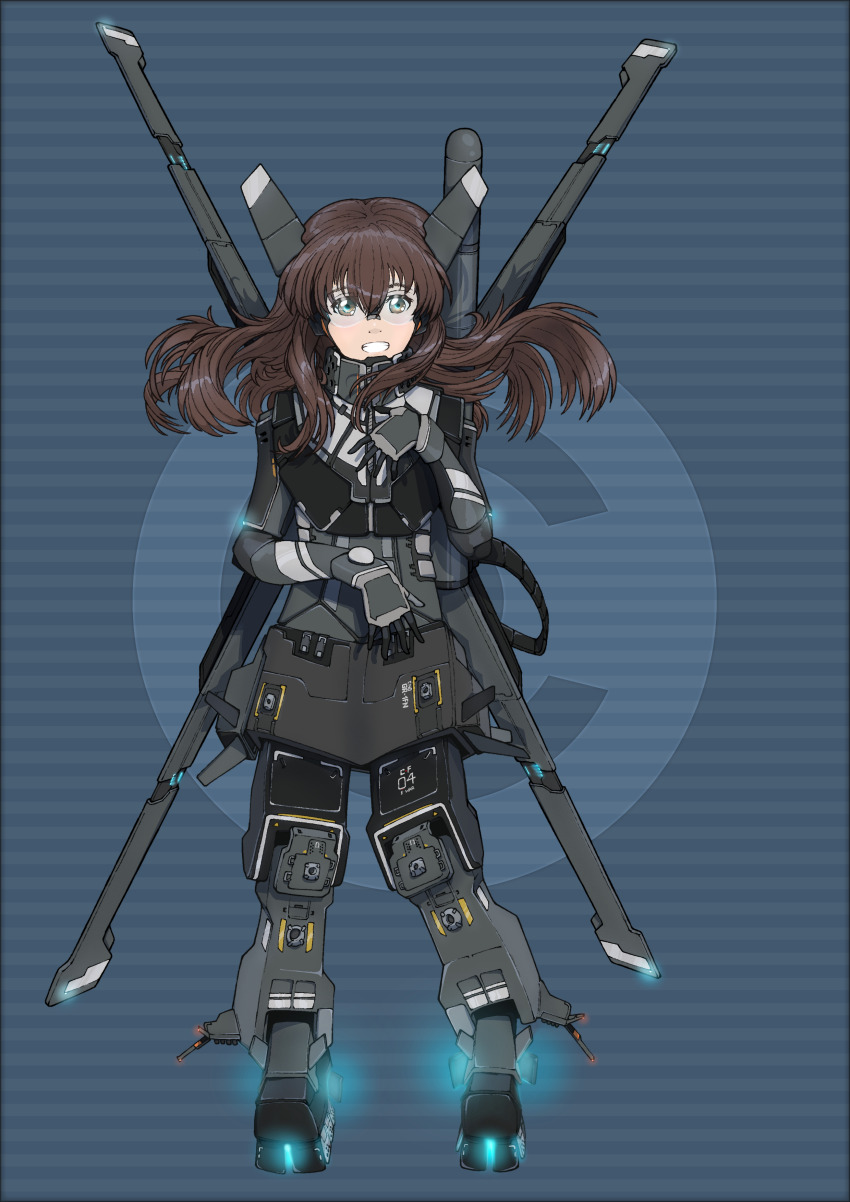 1girl absurdres armor brown_hair eve_online evemoedesu full_body gauntlets goggles grey_background hand_up highres koe_no_katachi long_hair mecha_musume nishimiya_shouko power_armor power_suit smile solo standing