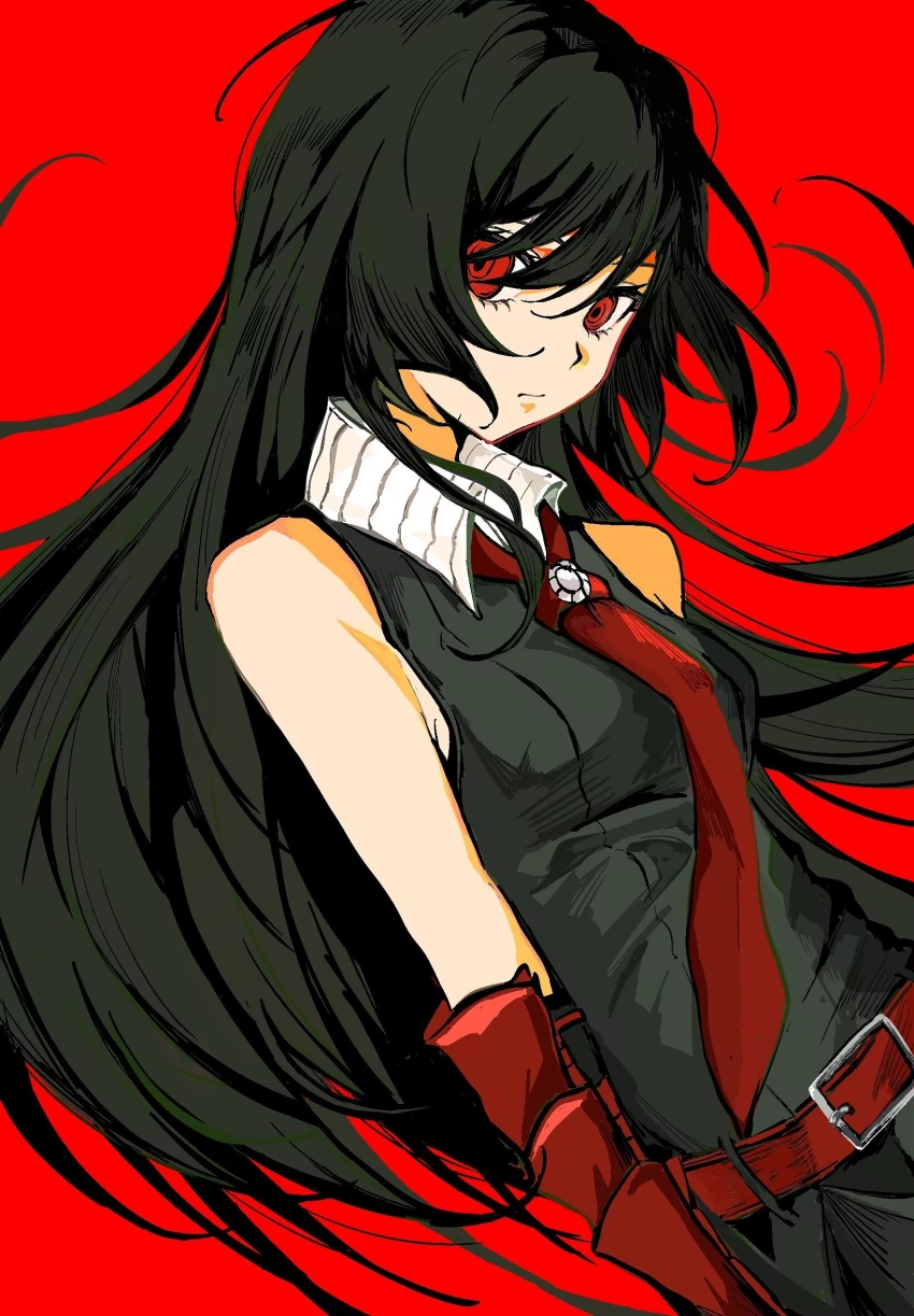 1girl akame_(akame_ga_kill!) akame_ga_kill! belt belt_buckle black_hair black_vest buckle chinese_commentary closed_mouth collared_shirt commentary_request elbow_gloves eyelashes gloves hair_between_eyes highres long_hair red_background red_belt red_eyes red_gloves shirt solo tuitangguxuanshou upper_body vest white_shirt
