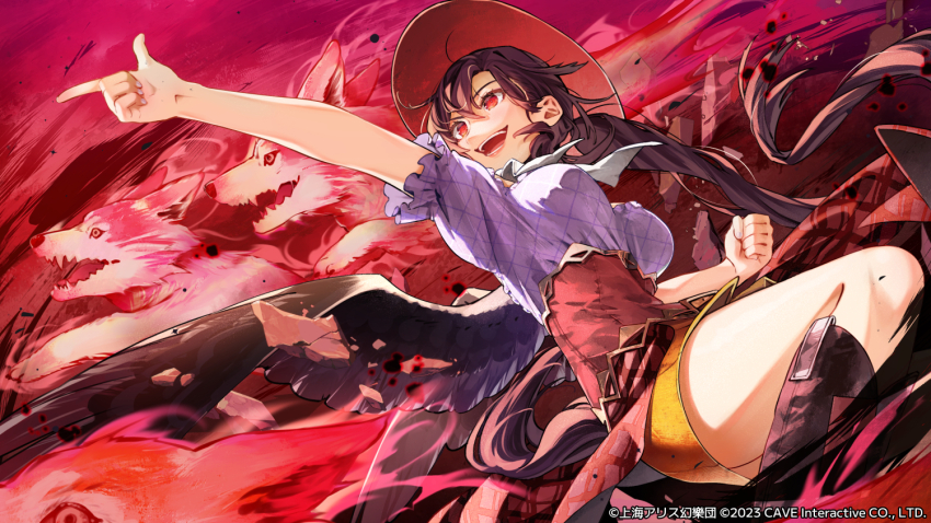 1girl :d black_boots boots brown_hair brown_hat brown_wings copyright_notice cowboy_hat feathered_wings fingernails floating_hair hair_between_eyes hat kurokoma_saki lips long_hair looking_ahead official_art open_mouth pointing purple_shirt red_eyes red_shirt shirt skirt smile solo syuri22 teeth touhou touhou_gensou_eclipse two-tone_shirt very_long_hair wings wolf_spirit_(touhou) yellow_skirt