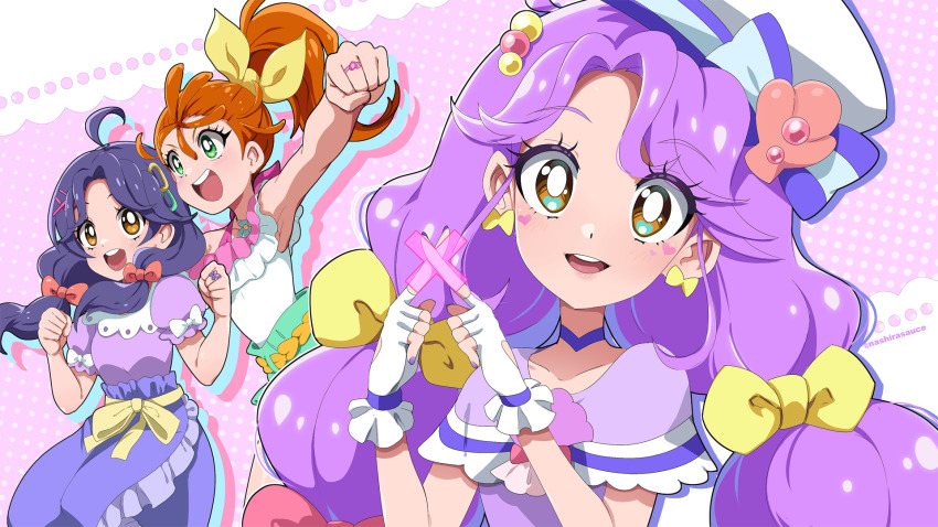 2girls :d ahoge armpit_peek bare_arms belt blush bow bow_earrings bright_pupils brooch brown_eyes choker clenched_hands collarbone colored_shadow commentary cure_coral dot_nose dress dual_persona earrings english_commentary facial_mark fingerless_gloves gloves green_eyes green_shorts hair_bobbles hair_bow hair_ornament hair_ribbon hairclip hat hat_bow hat_ornament heart heart_facial_mark heart_in_eye highres jewelry lace_background long_hair looking_at_viewer low_twintails magical_girl multi-tied_hair multiple_girls multiple_views nail_polish nashirasauce natsuumi_manatsu necklace off-shoulder_shirt off_shoulder open_mouth orange_belt orange_hair pink_bow polka_dot polka_dot_background ponytail precure puffy_short_sleeves puffy_sleeves purple_background purple_choker purple_dress purple_hair purple_nails purple_sailor_collar purple_shirt purple_skirt ribbon ring sailor_collar sailor_hat sash shadow shell shell_brooch shell_hat_ornament shell_necklace shirt short_sleeves shorts side_ponytail skirt sleeve_bow smile striped_bow suzumura_sango symbol_in_eye teeth tropical-rouge!_precure twintails twitter_username upper_teeth_only very_long_hair white_bow white_gloves white_hat white_pupils white_shirt x x_fingers x_hair_ornament yellow_bow yellow_ribbon yellow_sash