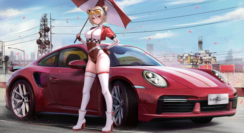 1girl absurdres ankle_boots bikini blue_sky boots car commission cropped_jacket double_bun eyewear_on_head fingerless_gloves girls&#039;_frontline gloves hair_bun highleg highleg_bikini highres kcar66t light_brown_hair location_request motor_vehicle navel p90_(girls&#039;_frontline) pixiv_commission porsche porsche_911 porsche_992 race_queen radio_antenna red_eyes see-through_clothes shrug_(clothing) sky solo sunglasses swimsuit thighhighs tinted_eyewear vehicle_request white_boots white_thighhighs yellow-tinted_eyewear