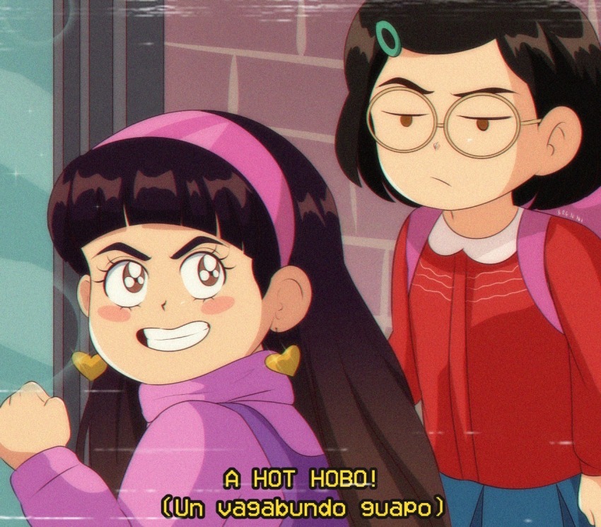 1990s_(style) 1boy abby_(turning_red) animification black_hair brenni_murasaki earrings faux_retro_artstyle glasses jewelry looking_at_viewer meilin_lee multiple_girls open_mouth overalls purple_overalls retro_artstyle shirt short_hair turning_red