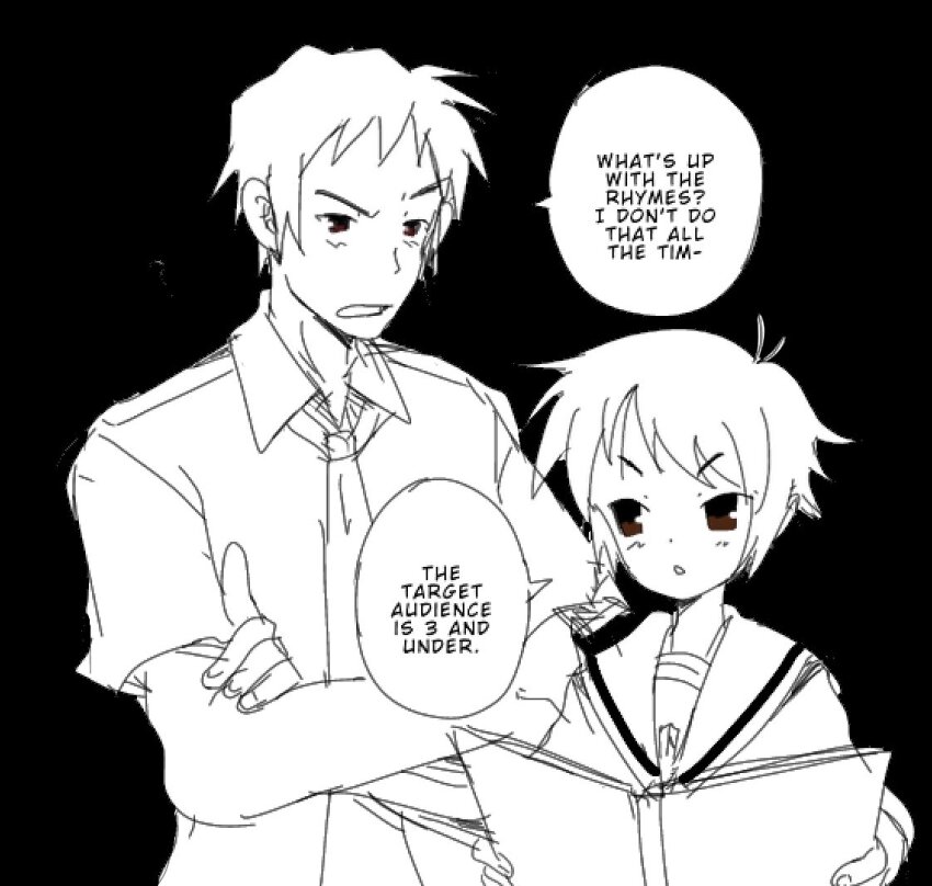 1boy 1girl bendedede black_background book brown_eyes english_text kita_high_school_uniform kyon monochrome nagato_yuki simple_background speech_bubble suzumiya_haruhi_no_yuuutsu