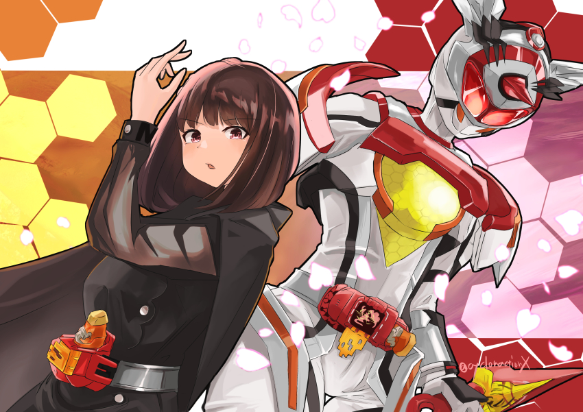 1girl absurdres aguilera_(kamen_rider_revice) arm_up armor bee belt black_cape black_dress bodysuit brown_eyes brown_hair bug cape commentary cropped_legs cycloneactionx dress dual_persona helmet highres holding holding_weapon honeycomb_(pattern) honeycomb_background insect kamen_rider kamen_rider_aguilera kamen_rider_revice kunai long_sleeves looking_at_viewer natsuki_hana_(kamen_rider_revice) queen_bee_genome red_eyes rider_belt short_hair tokusatsu vistamp weapon weekendriver white_bodysuit