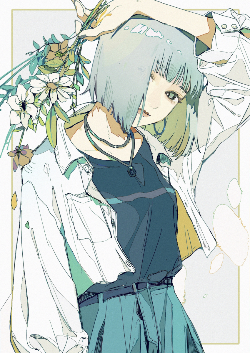 1girl analogous_colors arm_up bob_cut breast_pocket earrings expressionless flower green_eyes green_hair grey_nails head_tilt highres holding holding_flower hoop_earrings jacket jewelry lips looking_to_the_side nail_polish necklace one_eye_covered open_clothes open_jacket original pants pocket shirt_tucked_in short_hair solo suemare1