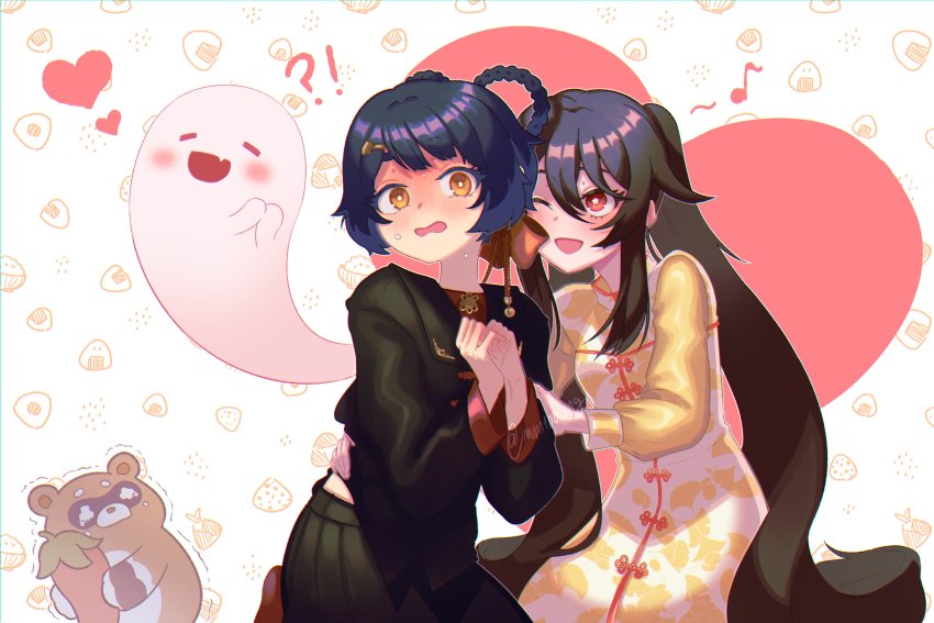 ! 2girls ? absurdres blue_hair blush boo_tao_(genshin_impact) brown_hair flat_chest genshin_impact ghost guoba_(genshin_impact) hair_between_eyes hair_ornament heart highres hu_tao_(genshin_impact) long_hair mujintou_png multiple_girls one_eye_closed open_mouth red_eyes simple_background star-shaped_pupils star_(symbol) symbol-shaped_pupils twintails twitter_username xiangling_(genshin_impact) yellow_eyes yuri