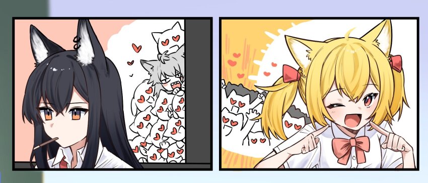 2girls ;d animal_ear_fluff animal_ear_piercing animal_ears arknights black_eyes black_hair blonde_hair bow bowtie chibi collared_shirt commentary_request commission food food_in_mouth hair_between_eyes heart highres lappland_(arknights) long_hair looking_ahead looking_at_viewer mouth_hold multiple_girls one_eye_closed open_mouth orange_eyes pink_bow pink_bowtie pocky pointing pointing_at_self shirt short_hair short_sleeves skeb_commission smile sora_(arknights) split_mouth texas_(arknights) twintails white_shirt wolf_ears wolf_girl yunomi_(yunomi1129)