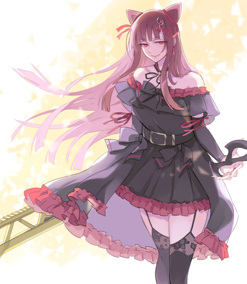 1girl arm_at_side assault_lily bare_shoulders belt belt_buckle black_belt black_bow black_choker black_dress black_ribbon black_sleeves black_thighhighs blunt_bangs blunt_ends bow buckle choker closed_mouth collarbone cone_hair_bun detached_sleeves double_bun dress dress_bow earrings eye_mask feet_out_of_frame floating_hair floral_print frilled_dress frills garter_straps gem glint gozen_(assault_lily) gradient_background hair_bun hair_ornament hair_ribbon highres holding holding_mask holding_weapon jewelry layered_dress long_hair long_sleeves looking_at_viewer mask unworn_mask mila_(yuta27315) neck_ribbon off-shoulder_dress off_shoulder outstretched_hand print_thighhighs red_choker red_eyes red_gemstone red_hair ribbon short_sleeves sidelocks smile solo standing thighhighs very_long_hair weapon white_background yellow_background