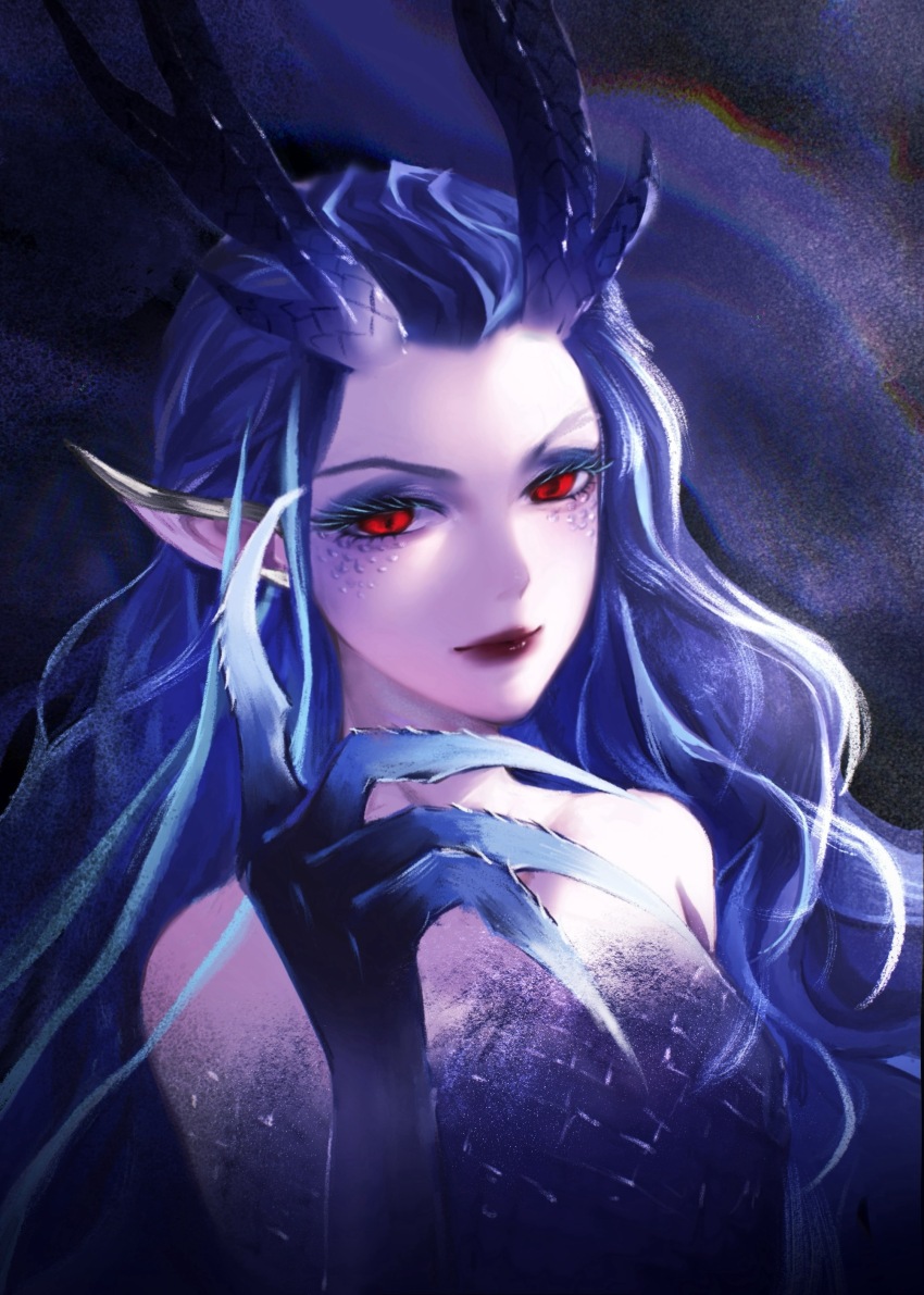 1girl 5768993511 absurdres ao_run_(nezha_zhi_motong_jiangshi) artist_name bare_shoulders blue_hair blue_scales breasts claws collarbone dragon_girl dragon_horns dress eyeshadow highres horns lipstick long_hair looking_at_viewer makeup multicolored_hair nezha_zhi_motong_jiangshi pointy_ears red_eyes red_lips smile solo strapless strapless_dress upper_body very_long_hair