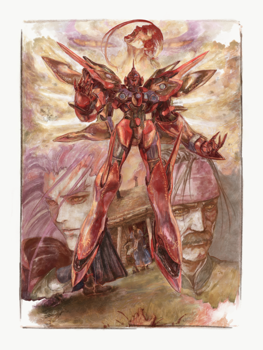 1girl 3boys commentary_request facial_hair fei_fong_wong headband highres id_(xenogears) karen_wong khan_wong kosibahara long_hair looking_ahead mecha multiple_boys mustache open_mouth red_hair red_headband robot screaming weltall-id xenogears yellow_eyes