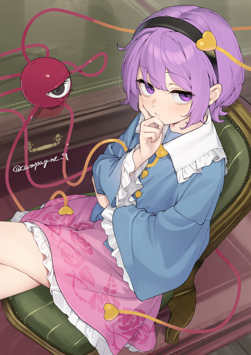 1girl black_hairband blue_shirt buttons closed_mouth commentary crossed_legs double-parted_bangs floral_print frilled_skirt frilled_sleeves frills hair_between_eyes hair_ornament hairband hand_on_own_chin hand_on_own_elbow heart heart_button heart_hair_ornament highres kanpa_(campagne_9) komeiji_satori long_sleeves looking_at_viewer pink_skirt purple_eyes purple_hair rose_print shirt short_hair sideways_glance sitting skirt solo table third_eye touhou twitter_username wide_sleeves