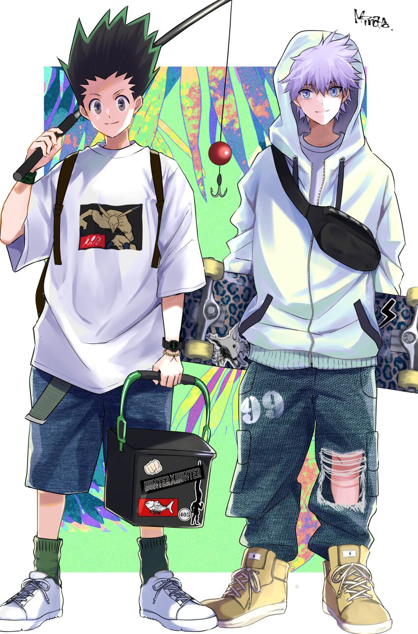 absurdres alternate_costume blue_eyes box denim denim_shorts fish_hook fishing_line fishing_lure fishing_rod full_body gon_freecss green_hair grey_eyes highres holding holding_fishing_rod holding_skateboard hood hood_up hoodie hunter_x_hunter killua_zoldyck kiriko_(hunter_x_hunter) long_sleeves looking_at_viewer mike_(hunter_x_hunter) minato_x3710 shirt shoes short_hair short_sleeves shorts signature skateboard sneakers watch white_hair white_hoodie white_shirt wristwatch
