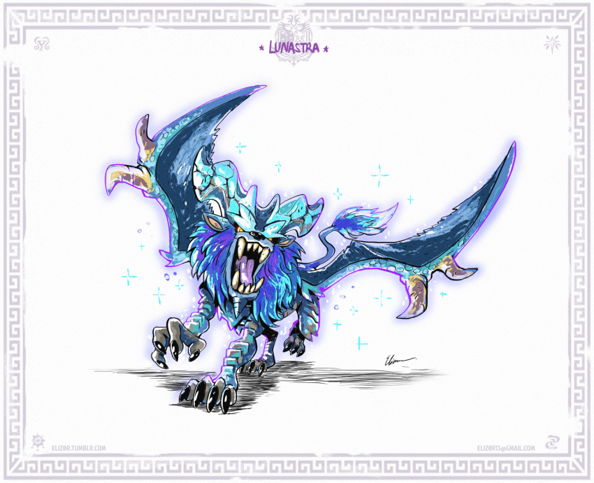 border character_name claws dragon eliz0r email_address highres horns lunastra monster monster_hunter:_world monster_hunter_(series) monster_hunter_world:_iceborne no_humans open_mouth running signature simple_background sparkle tail teeth tumblr_username wings yellow_eyes