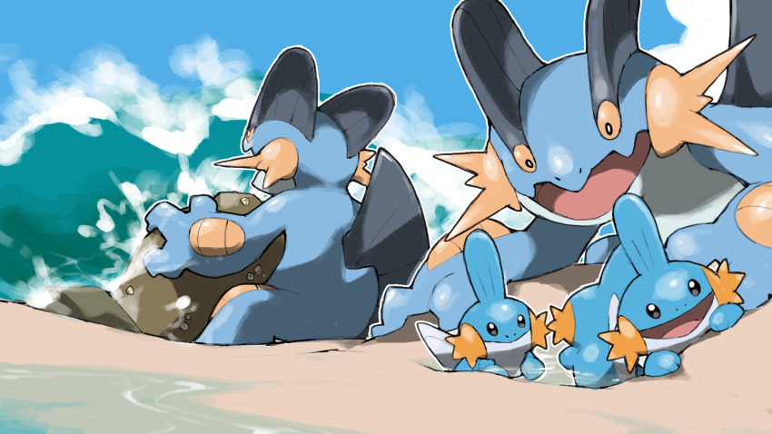 :&gt; animal_focus beach blacknirrow closed_mouth creatures_(company) game_freak gen_3_pokemon highres mudkip nintendo no_humans open_mouth outline pokemon pokemon_(creature) pokemon_focus sand smile swampert water waves white_outline
