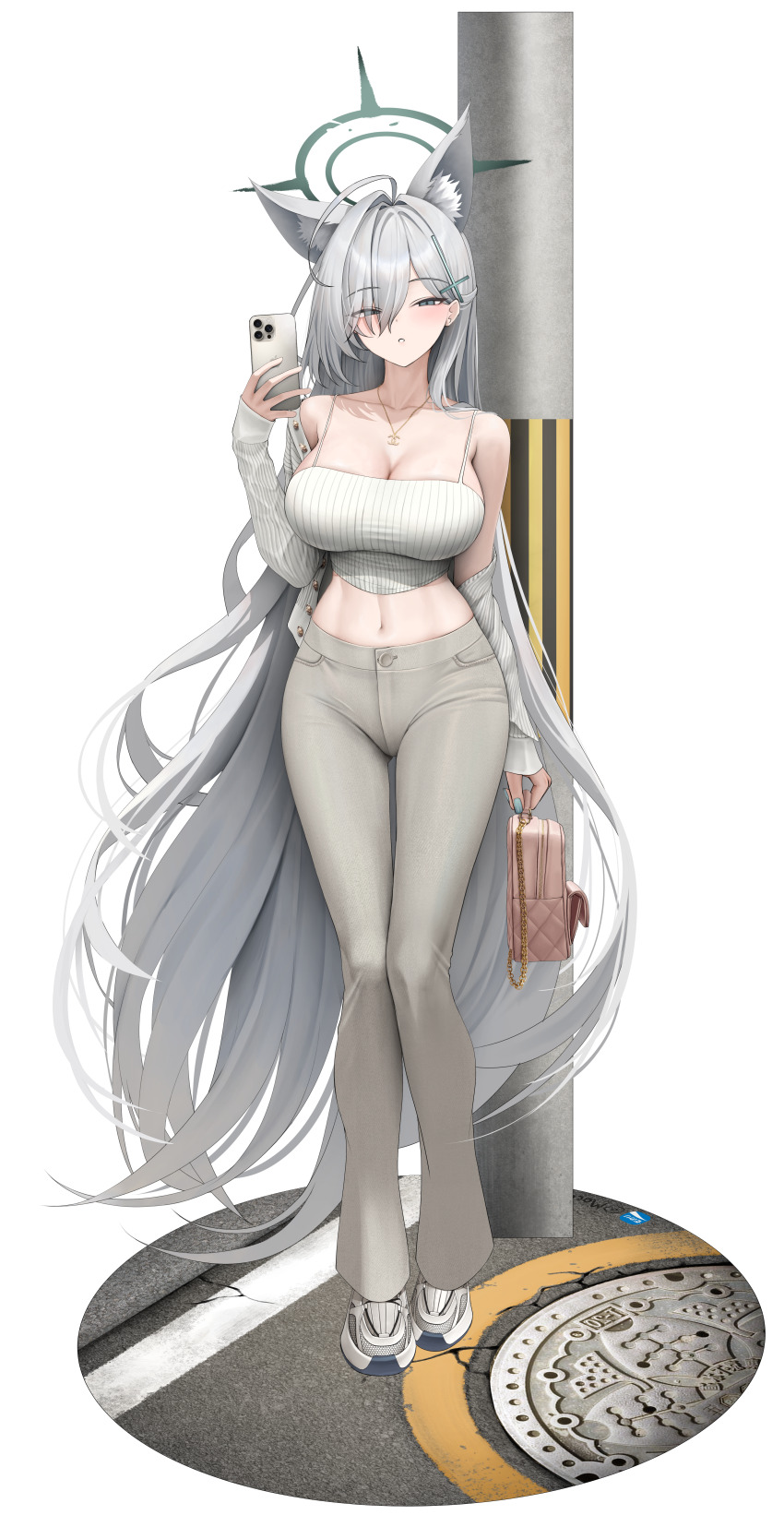 1girl absurdres alternate_costume animal_ear_fluff animal_ears bag bare_shoulders blue_archive blue_eyes blue_nails blush breasts cardigan cellphone cleavage cross_hair_ornament extra_ears eyes_visible_through_hair grey_hair grey_pants hair_behind_ear hair_ornament hair_over_one_eye highres holding holding_bag holding_phone large_breasts long_hair looking_at_viewer momoriko navel off-shoulder_jacket off_shoulder pants parted_lips phone pink_bag shiroko_(blue_archive) shiroko_(swimsuit)_(blue_archive) shoes sidelocks smartphone solo stomach tank_top white_cardigan white_shoes white_tank_top wolf_ears wolf_girl