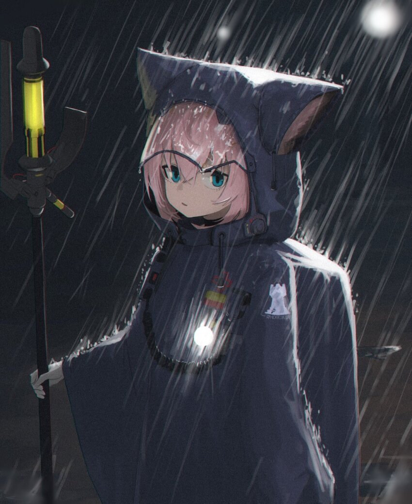 1girl animal_ears animal_hood arknights black_choker black_jacket blue_eyes choker commentary_request fake_animal_ears gloves hair_between_eyes highres holding hood hood_up hooded_jacket izumo_(ton_63) jacket long_sleeves looking_at_viewer night outdoors parted_lips pink_hair rain solo sussurro_(arknights) white_gloves
