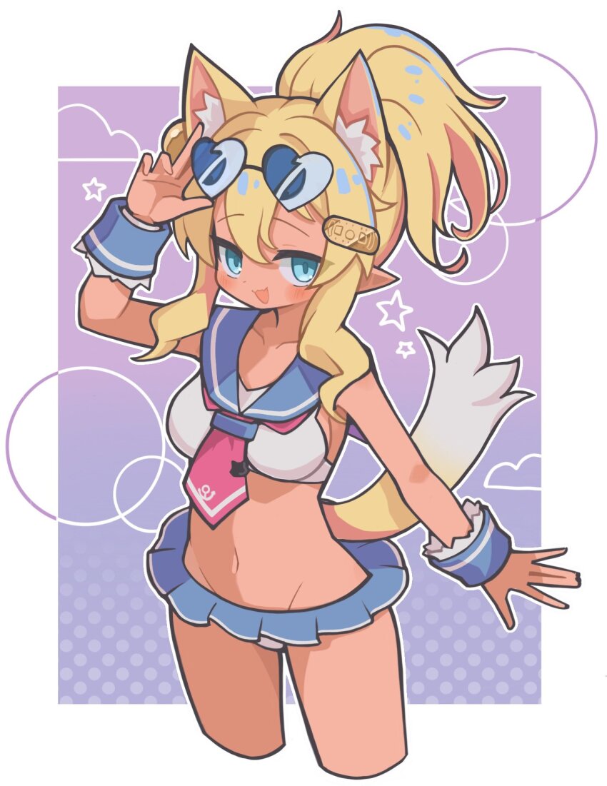 1girl :d animal_ear_fluff animal_ears arm_up bikini blonde_hair blue_eyes blush border breasts collarbone commentary cropped_legs disgaea dog_ears dog_girl dog_tail eyewear_on_head heart heart-shaped_eyewear highres long_hair looking_at_viewer makai_senki_disgaea_7 navel neckerchief open_mouth outline outside_border pink_neckerchief pirilika_(disgaea) ponytail purple_background sailor_bikini sailor_collar smile solo suaman sunglasses swimsuit tail white_bikini white_border white_outline wrist_cuffs