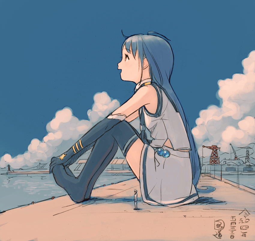 1boy 1girl admiral_(kancolle) black_gloves blue_hair cloud commentary_request dated day dock elbow_gloves from_side giant giantess gloves highres kantai_collection kokudou_juunigou long_hair outdoors parted_lips profile samidare_(kancolle) signature sitting skirt sky sleeveless standing thighhighs very_long_hair water white_skirt