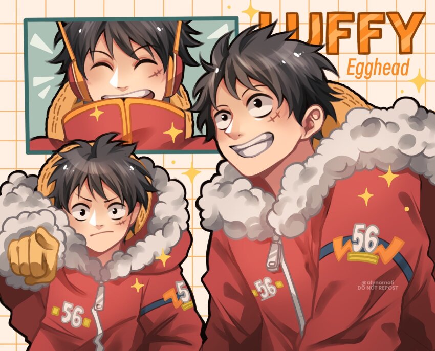 1boy alynomali black_hair closed_eyes facial_scar hat hat_on_back highres male_focus monkey_d._luffy one_piece open_mouth scar scar_on_cheek scar_on_face smile straw_hat teeth winter_clothes winter_uniform