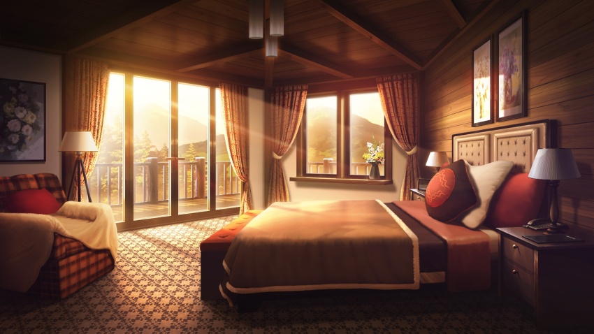 balcony bed bedroom blanket carpet chair curtains daffodil desk_lamp flower forest glowing hanging_light highres indoors lamp lodge mountainous_horizon nature non-web_source official_art our_life our_life:_beginnings_and_always photo_(object) pillow plant potted_plant railing sunset variant_set window window_light