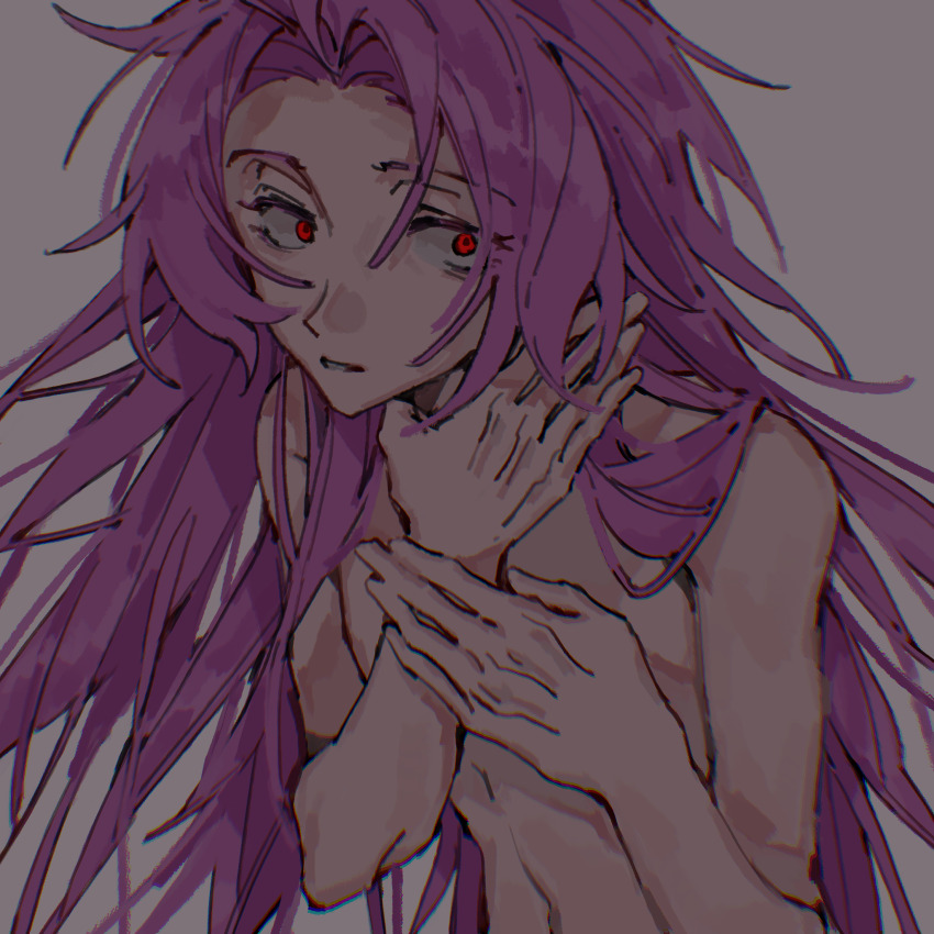 1boy chinese_commentary chromatic_aberration commentary_request constricted_pupils curtained_hair exayuki grey_background hand_on_own_neck hand_on_own_wrist hatsutori_hajime highres long_hair male_focus nude pink_hair red_eyes saibou_shinkyoku simple_background solo upper_body very_long_hair