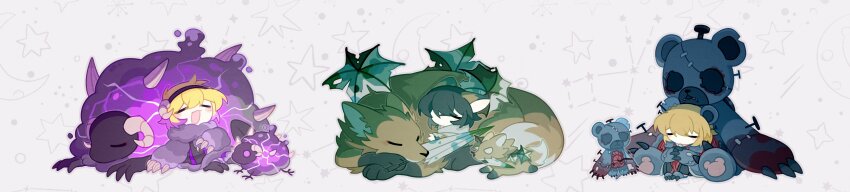 1girl 2boys absurdres animal_ears azhong_123 bear_ears black_hair blonde_hair chibi chibi_only claws closed_eyes coat constellation crescent_moon don_quixote_(project_moon) dreaming_electric_sheep drifting_fox e.g.o_(project_moon) electric_screaming_(e.g.o) electricity fox hex_nail_(e.g.o) highres hood hoodie horns hurting_teddy_bear limbus_company long_image moon multiple_boys nail_(hardware) open_mouth paw_sleeves project_moon purple_coat sheep sheep_horns short_hair sinclair_(project_moon) sitting star_(symbol) stitches stuffing sunshower_(e.g.o) umbrella white_background white_hoodie wide_image wool yi_sang_(project_moon)