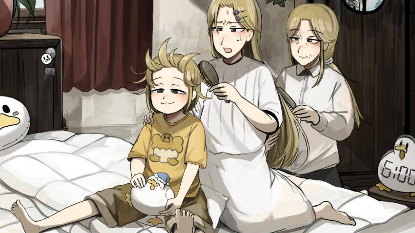 4girls barefoot bed bird blonde_hair blue_eyes brown_hair brown_shorts brushing_another&#039;s_hair brushing_hair chicken clumsy_nun_(diva) commentary diva_(hyxpk) duck english_commentary froggy_nun_(diva) half-closed_eyes highres little_nuns_(diva) long_hair messy_hair mole mole_on_cheek mother_and_daughter multiple_girls nightgown on_bed shirt short_hair shorts strict_nun&#039;s_mother_(diva) strict_nun_(diva) white_shirt yellow_shirt