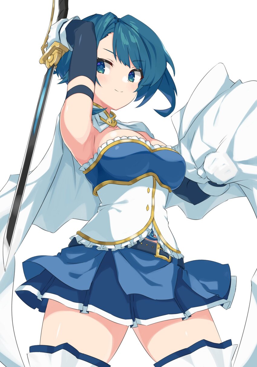 &gt;:) 1girl aizawa_kazuha arm_up assault_lily asymmetrical_hair belt belt_buckle black_belt blue_eyes blue_hair blue_shirt blue_skirt breasts buckle cape clenched_hand closed_mouth commentary cosplay cowboy_shot detached_sleeves frilled_shirt_collar frills gloves gold_trim hand_up highres holding holding_sword holding_weapon light_blush long_sleeves looking_at_viewer mahou_shoujo_madoka_magica mahou_shoujo_madoka_magica_(anime) medium_breasts midriff_peek miki_sayaka miki_sayaka_(cosplay) miki_sayaka_(magical_girl) miniskirt pera pleated_skirt shirt short_hair simple_background skirt smile solo soul_gem standing strapless strapless_shirt sword thighhighs two-tone_shirt v-shaped_eyebrows weapon white_background white_cape white_gloves white_shirt white_thighhighs zettai_ryouiki