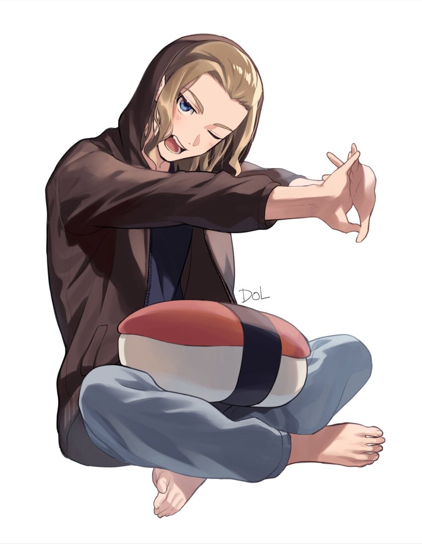 1boy barefoot blonde_hair blue_eyes blue_pants blue_shirt brown_jacket dolustoy highres hood hood_up inazuma_eleven_(series) indian_style jacket long_hair male_focus mansaku_yuuichirou one_eye_closed open_mouth pajama_pants pants pillow shirt simple_background sitting solo sushi-shaped_pillow white_background