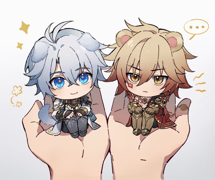 ... 2boys animal_ears armor armored_boots armored_gloves belt_collar blonde_hair blue_eyes blue_hair boots chest_tattoo chibi coat collar collared_coat dog_ears dog_tail extra_ears facial_tattoo gold_necklace highres holding_chibi honkai:_star_rail honkai_(series) jewelry lion_ears lion_tail male_focus multiple_boys mydei_(honkai:_star_rail) necklace open_clothes open_coat orange_eyes osamu18568716 pauldrons phainon_(honkai:_star_rail) red_tattoo shirt shoulder_armor single_pauldron sitting smile sparkle spoken_ellipsis tail tattoo white_coat