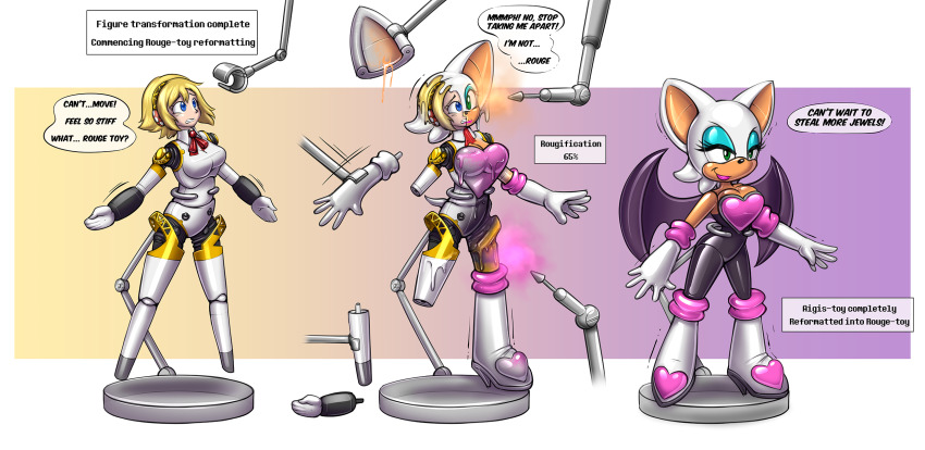 1girl aigis_(persona) artist_request bimbofication blonde_hair blue_eyes bow breasts confused curvy doll dress eyelashes eyeshadow female_focus furry green_eyes gynoid hedgehog henshin high_heels highres human_to_inanimate inanimate_object large_breasts leotard lips lipstick machine makeup persona persona_3 petrification pink_bow pink_dress pink_footwear pink_lips pink_ribbon ribbon ribbonredf robot robot_girl rouge_the_bat short_hair solo sonic_(series) standing thick_thighs thighhighs thighs transformation transformation_(object) video_game white_leotard white_thighhighs wide_hips wings