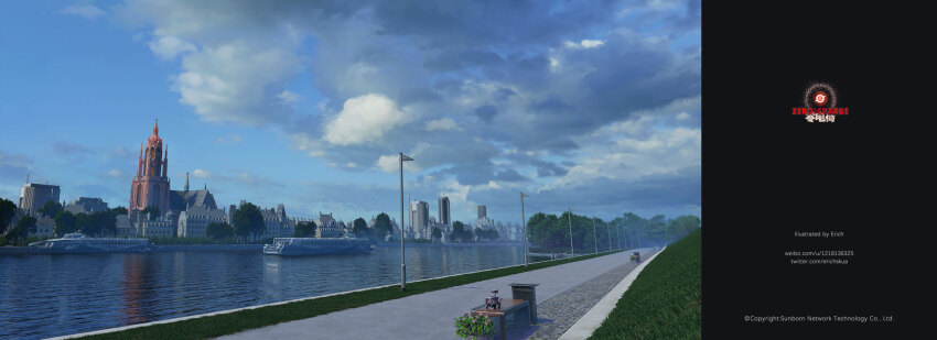 artist_name bench blue_sky boat building cityscape cloud cloudy_sky commentary_request company_name copyright_notice day dinergate_(girls&#039;_frontline) erich girls&#039;_frontline grass highres lamppost magazine_(object) no_humans non-humanoid_robot official_art outdoors plant potted_plant river riverbank robot sangvis_ferri scenery sky trash_can tree twitter_username variant_set water watercraft watermark web_address weibo_username