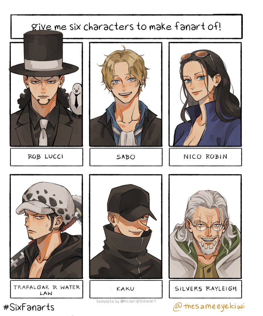 1girl 5boys animal animal_on_shoulder ascot bird bird_on_shoulder black_coat black_hair black_hat black_jacket blonde_hair blue_eyes blue_jacket blue_shirt breasts cleavage closed_mouth coat commentary_request earrings eyewear_on_head formal_clothes glasses hat hattori_(one_piece) high_collar highres holding holding_sword holding_weapon jacket jewelry kaku_(one_piece) long_hair long_nose multiple_boys multiple_drawing_challenge necktie nico_robin nico_robin_(return_to_sabaody) one_piece orange-tinted_eyewear ponytail rob_lucci sabo_(one_piece) shirt sideburns silvers_rayleigh six_fanarts_challenge smile suit sunglasses sword thai_commentary thesameeyekiwi tinted_eyewear trafalgar_law twitter_username weapon white_ascot white_hair white_necktie