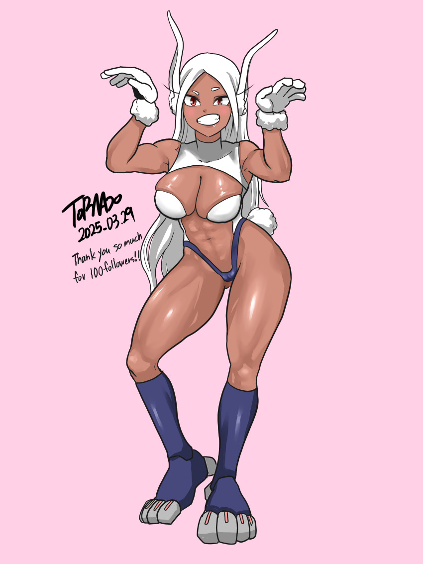 1girl 2025 absurdres adapted_costume animal_ears boku_no_hero_academia breasts cleavage dark-skinned_female dark_skin dated female_focus full_body gloves grin highleg highres large_breasts long_hair looking_at_viewer milestone_celebration mirko navel rabbit_ears rabbit_girl rabbit_pose rabbit_tail red_eyes signature smile solo standing tail white_gloves white_hair