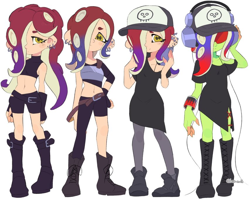 1girl armor arms_at_sides artist_name asymmetrical_legwear bare_shoulders baseball_cap belt belt_buckle bike_shorts black_belt black_dress black_footwear black_gloves black_shirt blush boots bracelet breastplate breasts brown_belt buckle cephalopod_eyes closed_mouth colored_skin crop_top cross-laced_slit dedf1sh dress earrings fingerless_gloves full_body gloves gradient_hair green_skin grey_pantyhose hair_over_one_eye hand_on_headphones hand_on_own_hip hat headphones headphones_over_headwear highres horizontal_pupils jewelry kiirono knee_boots long_hair midriff multicolored_hair multiple_earrings navel nintendo octoling off-shoulder_dress off_shoulder one_eye_covered pantyhose purple_hair red-tinted_eyewear red_hair sanitized_(splatoon) shirt short_eyebrows side_slit simple_background single_glove single_sleeve small_breasts splatoon_(series) splatoon_3 splatoon_3:_side_order standing suction_cups sunglasses tentacle_hair tinted_eyewear two-tone_hair uneven_legwear variations white_background yellow_eyes