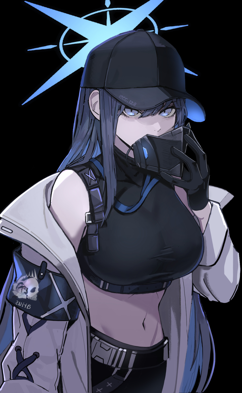 1girl absurdres armband bare_shoulders baseball_cap black_background black_gloves black_hair black_hat black_shirt blue_archive blue_eyes breasts commentary_request crop_top gloves halo hand_up hat highres holding holding_mask jacket long_hair mask medium_breasts mouth_mask navel off_shoulder open_clothes open_jacket saori_(blue_archive) shirt simple_background sleeveless sleeveless_shirt solo unworn_mask very_long_hair white_jacket ysoa26