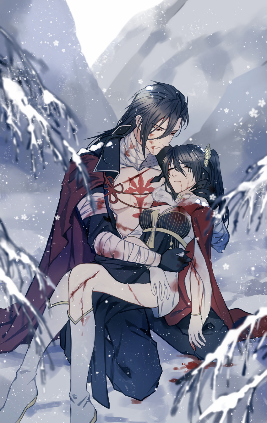 1boy 1girl absurdres alternate_hair_length alternate_hairstyle bandaged_arm bandaged_neck bandages black_dress black_gloves black_hair black_pants black_shirt bleeding blood blood_from_mouth blood_on_clothes blood_on_face blood_on_hands boots breasts butterfly_hair_ornament cape chest_tattoo chinese_commentary closed_eyes closed_mouth collared_shirt cradling crying crying_with_eyes_open cuts dress female_master_(the_tale_of_food) flower_knot full_body fur-trimmed_cape fur_trim gloves hair_between_eyes hair_ornament highres injury kneeling kocona lianhua_blood_duck_(the_tale_of_food) long_hair long_sleeves looking_at_another medium_breasts mountain open_clothes open_shirt outdoors pants parted_lips pine_tree pinstripe_dress pinstripe_pattern red_cape red_eyes shirt shrug_(clothing) side_part side_slit snow snowing tattoo tears the_tale_of_food tree two_side_up white_boots white_gloves white_sleeves wide_sleeves