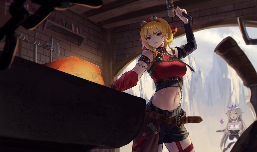 absurdres anvil black_shorts blonde_hair crop_top dress forge goggles goggles_on_head grey_hair hammer highres holding holding_hammer hololive hololive_english hololive_indonesia kaela_kovalskia kaela_kovalskia_(4th_costume) koseki_bijou koseki_bijou_(1st_costume) long_hair midriff multicolored_hair multiple_girls navel open_mouth purple_eyes red_eyes shorts virtual_youtuber vyva white_dress