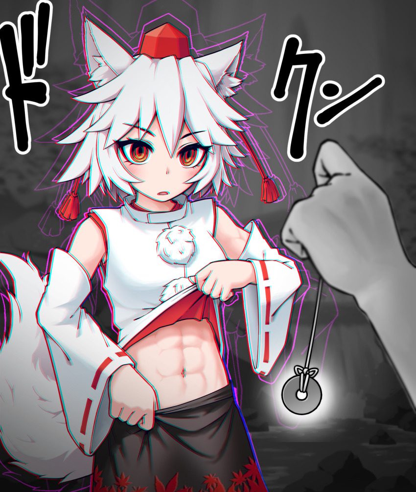 1boy 1girl abs animal_ear_fluff animal_ears autumn_leaves black_skirt blurry blurry_background blush breasts clothes_lift coin commentary_request cowboy_shot detached_sleeves grey_background hat highres holed_coin hypnosis inubashiri_momiji large_variant_set leaf leaf_print looking_at_viewer maple_leaf_print medium_breasts mind_control navel open_mouth orange_eyes pendulum pom_pom_(clothes) pond print_skirt raised_eyebrow red_hat ribbon-trimmed_sleeves ribbon_trim ringed_eyes shirt shirt_lift short_hair skirt sleeveless sleeveless_shirt solidus_(sword_cube) solo_focus tail tassel tokin_hat toned toned_female touhou translation_request tree variant_set water waterfall white_shirt white_sleeves wolf_ears wolf_girl wolf_tail