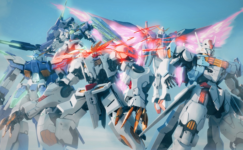 00_qan[t] 00_qan[t]_full_saber absurdres akada_maruko blue_eyes blue_sky claws cloud destiny_gundam energy_wings floating glowing glowing_eyes green_eyes gundam gundam_00 gundam_00_a_wakening_of_the_trailblazer gundam_aerial gundam_age gundam_age-fx gundam_barbatos_lupus_rex gundam_seed gundam_seed_destiny gundam_suisei_no_majo gundam_tekketsu_no_orphans highres holding holding_sword holding_weapon looking_away mecha mobile_suit no_humans open_hand outdoors red_eyes robot science_fiction sky standing sword v-fin weapon