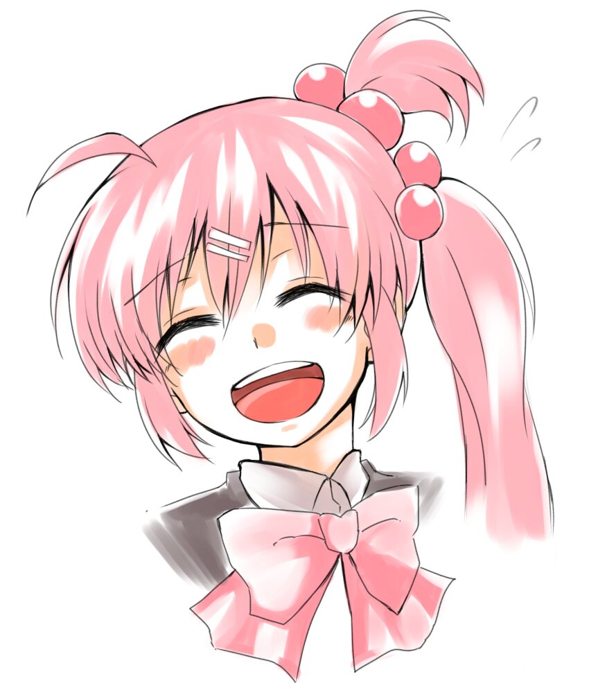 1girl :d ^_^ absurdres ahoge blush bow closed_eyes commentary_request double-parted_bangs facing_viewer flying_sweatdrops hair_between_eyes hair_bobbles hair_ornament hairclip happy head_tilt highres little_busters! long_hair one_side_up open_mouth pink_bow purple_hair saigusa_haruka school_uniform shinonome_mozuku side_ponytail simple_background sketch smile solo teeth upper_teeth_only white_background
