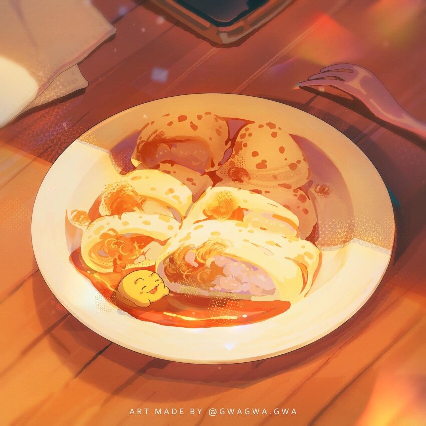 chinese_commentary commentary_request creature food_focus fork gwagwagwa highres napkin no_humans original pixiv_username plate quiche realistic sauce shadow still_life table watermark wooden_table