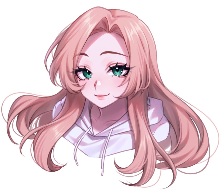 1girl aegyo_sal brown_hair closed_mouth collarbone commentary commission cropped_shoulders curtained_hair drawstring english_commentary eyelashes eyes_visible_through_hair from_above green_eyes hair_over_shoulder highres hood hood_down hoodie lips long_hair looking_at_viewer original pink_lips raised_eyebrows sasucchi95 sidelocks simple_background smile solo tsurime white_background white_hoodie